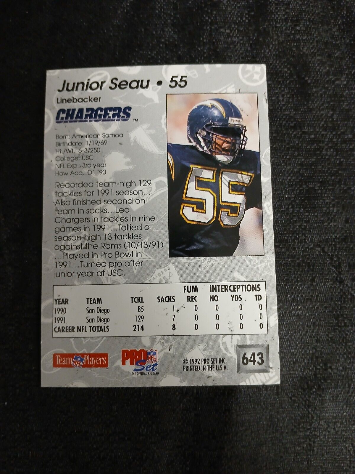 Junior Seau San Diego Chargers #55 Pro Set #643 Trading Card 