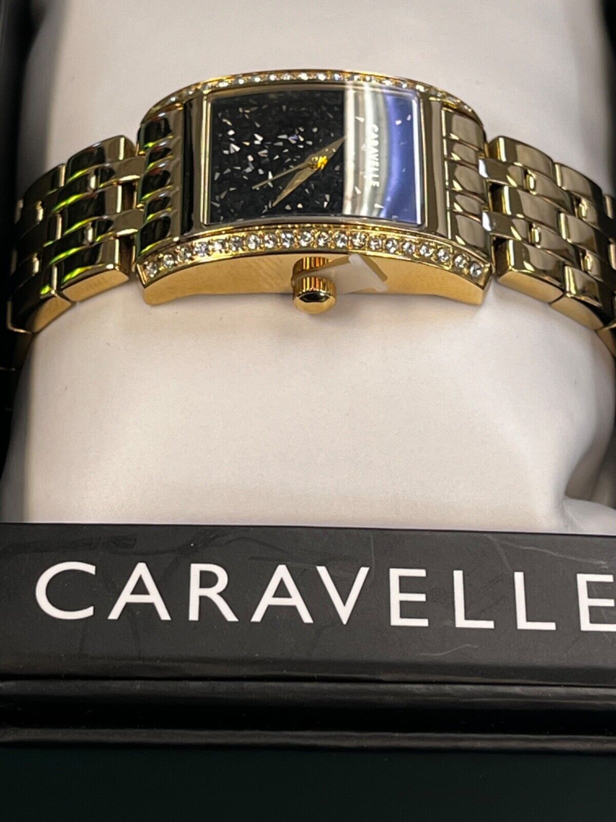 Caravell ladies watch new in box gold band with black crystals