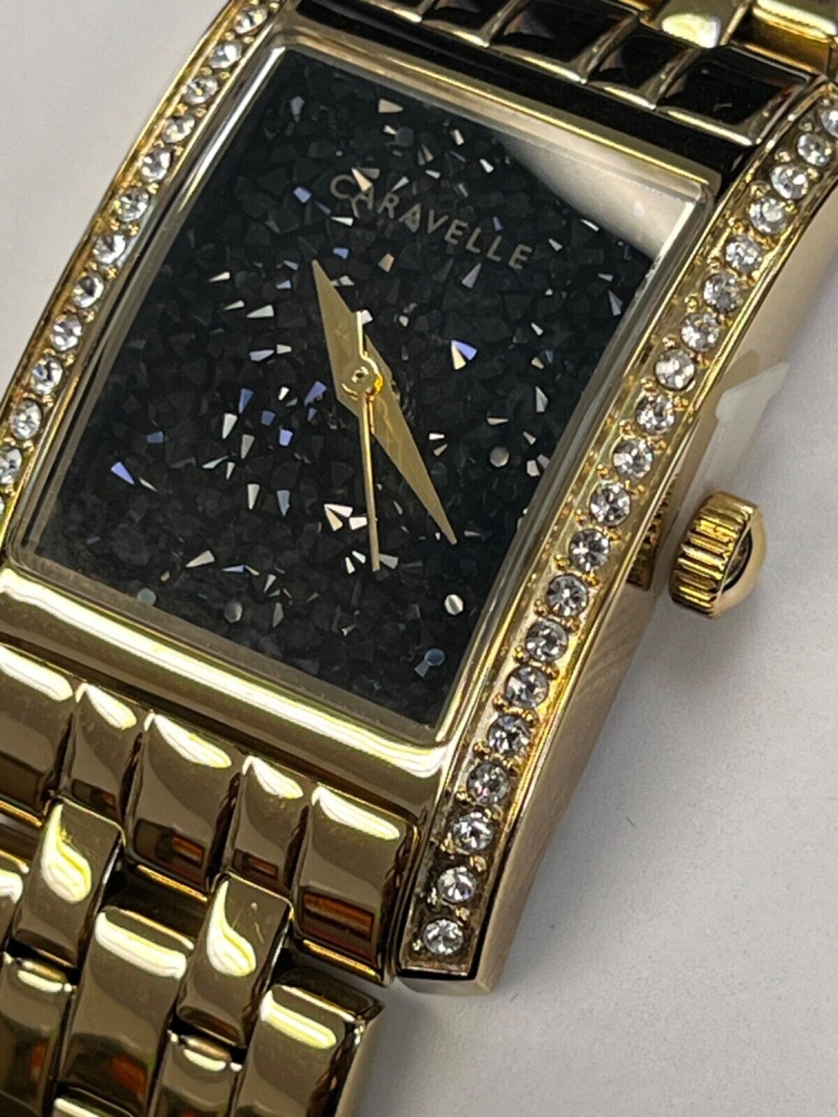 Caravell ladies watch new in box gold band with black crystals