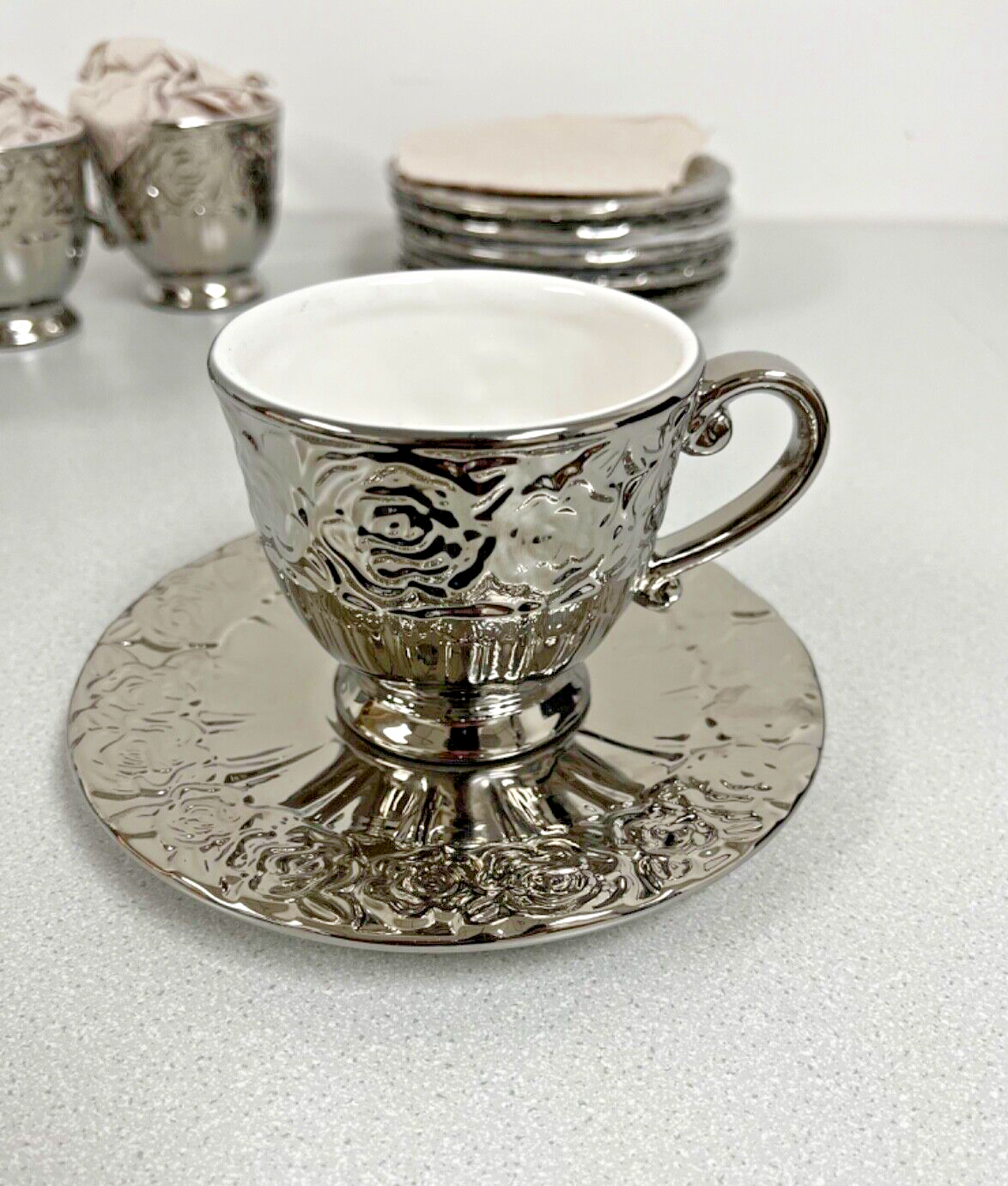 Decorative Silver Tea Cups And Plates