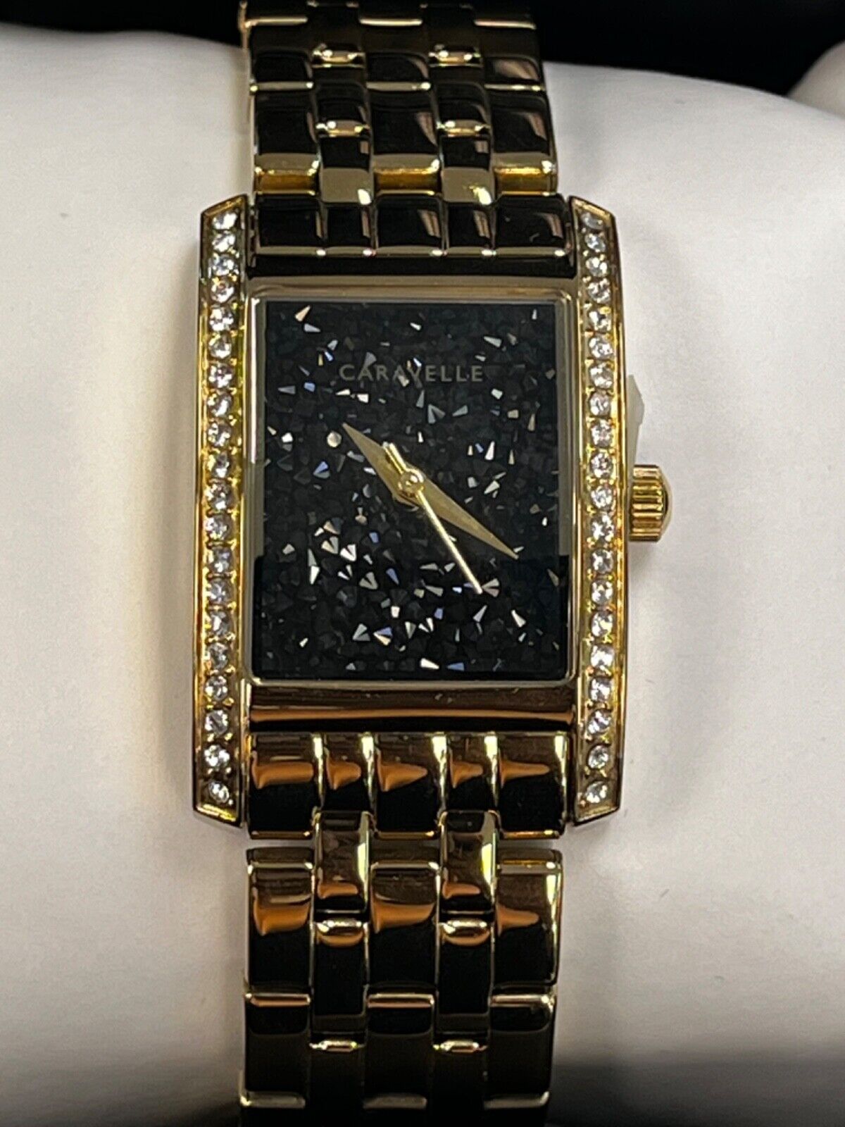 Caravell ladies watch new in box gold band with black crystals