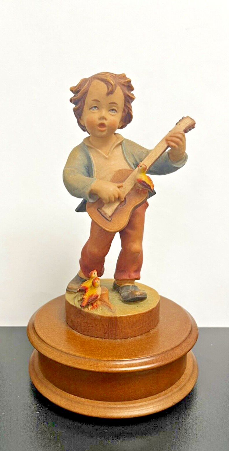 Vintage 4" Walter Stahli Hand Carved Wood Figure Boy Playing Guitar with Birds