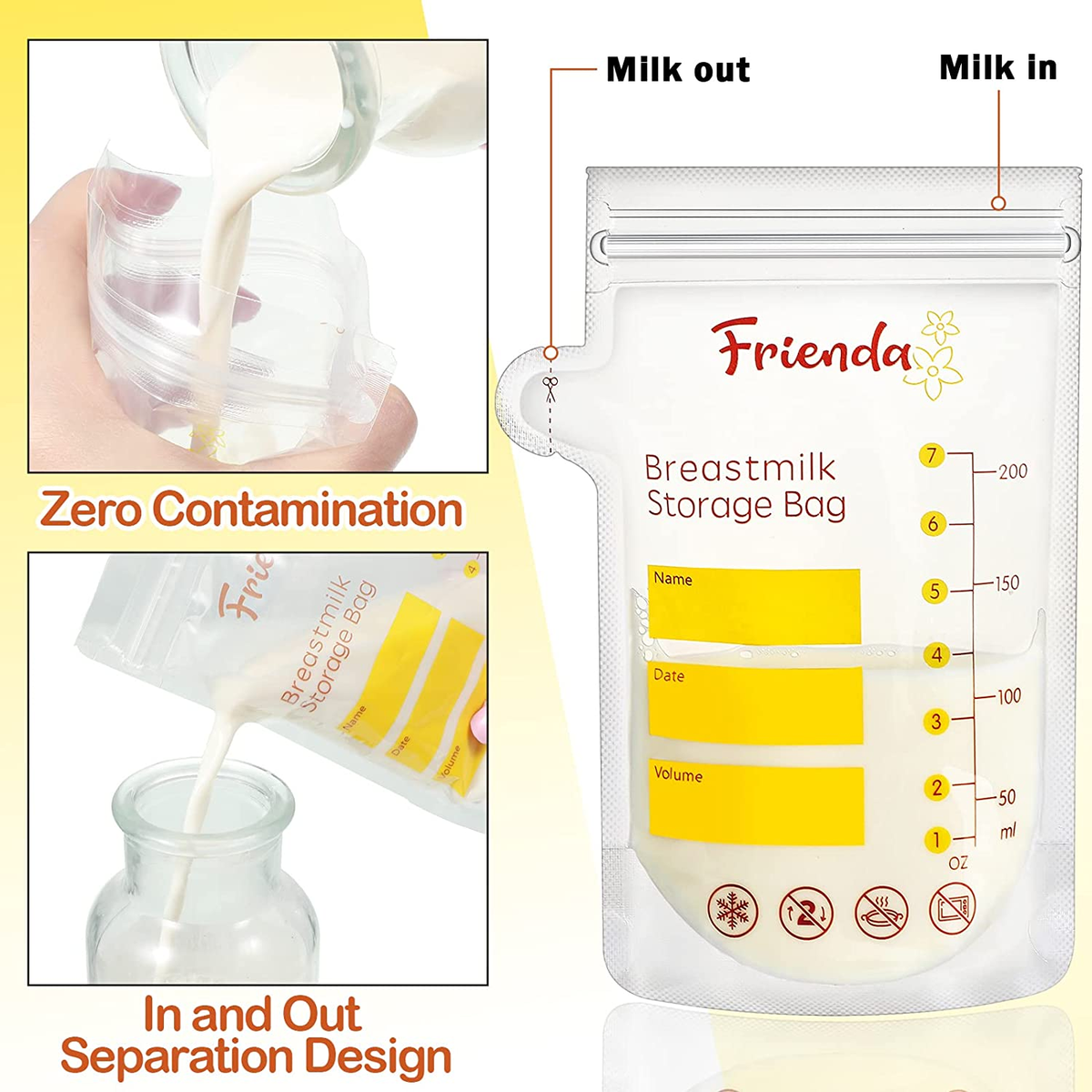 FRIENDA 400 Count Breastmilk Storage Bags 7 Oz Breast Milk Storage Bag 