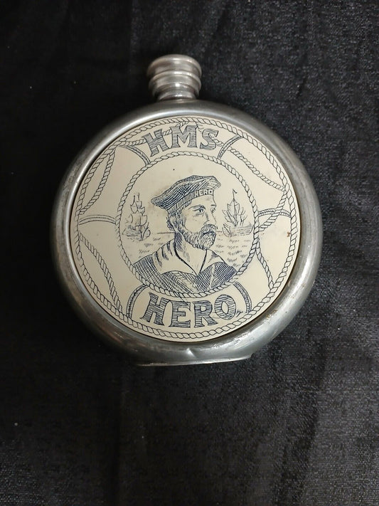 Fine British Pewter Circular Flask Nautical Theme HMS Hero