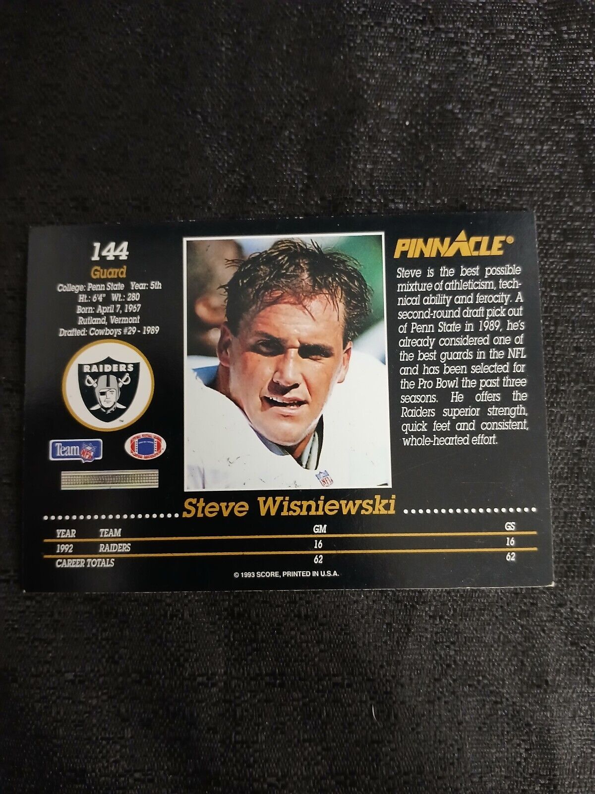 Steve Wisniewski Los Angeles Raiders #76 Pinnacle #144