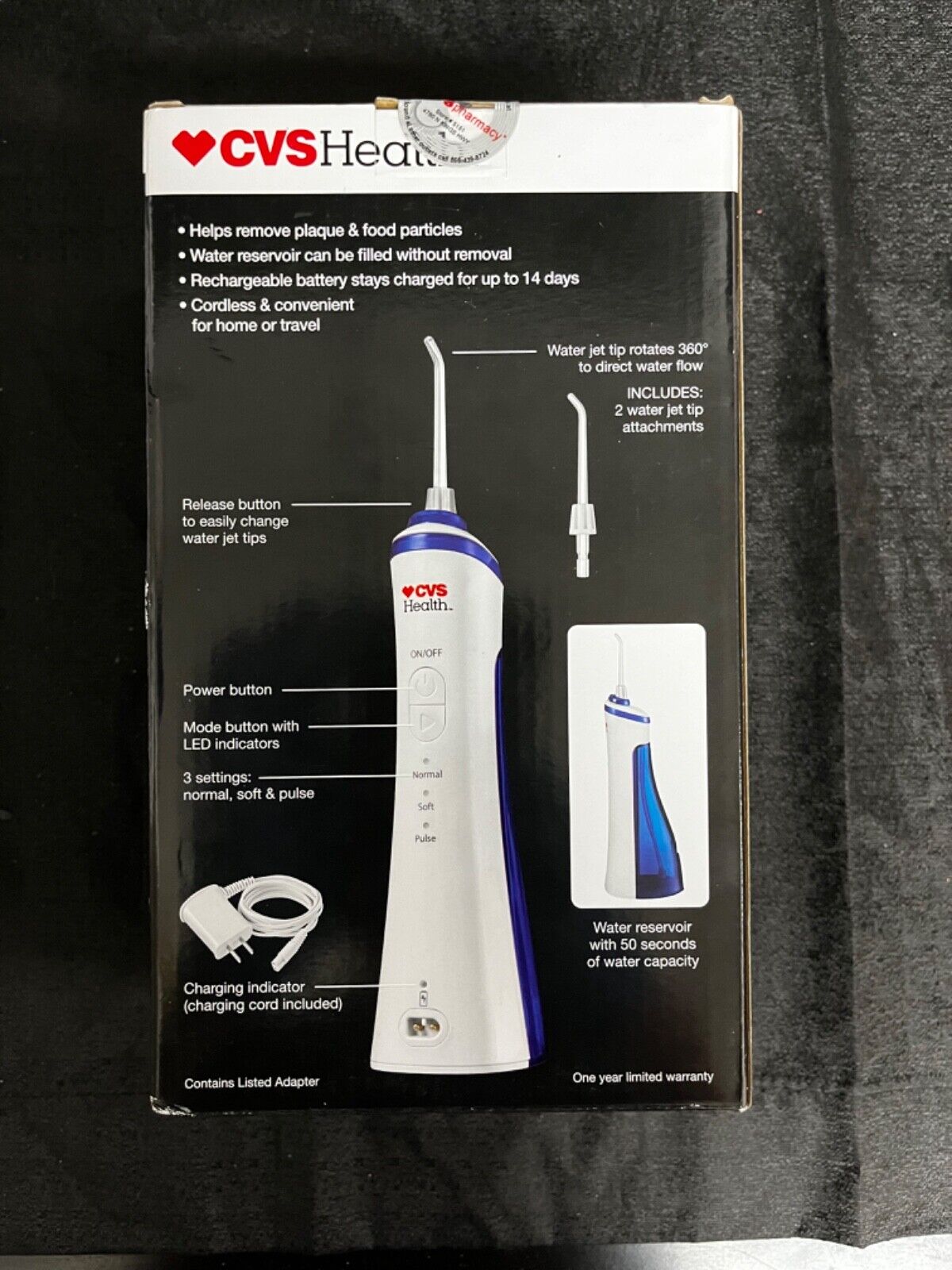 CVS Health Cordless Water Flossing System, 1 Handle, 2 Water Jet Tips - NIB NEW